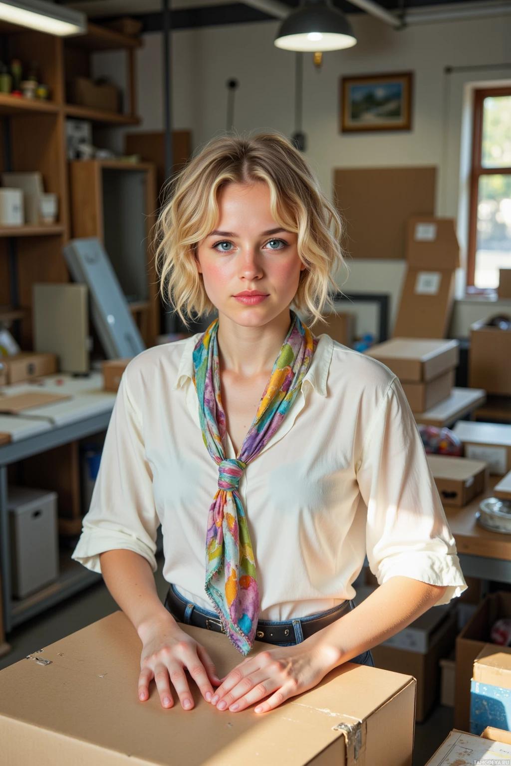 A woman stands in a room with shelves and boxes, wearing a white blouse and a colorful scarf.