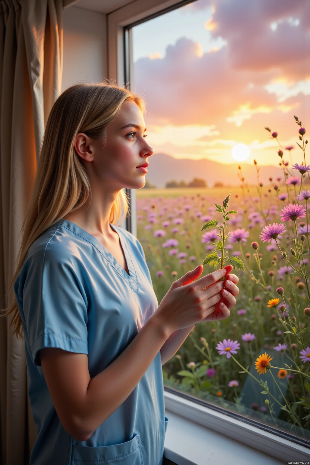 A woman in a blue shirt stands by a window, gazing at a field of flowers with a sunset in the background.