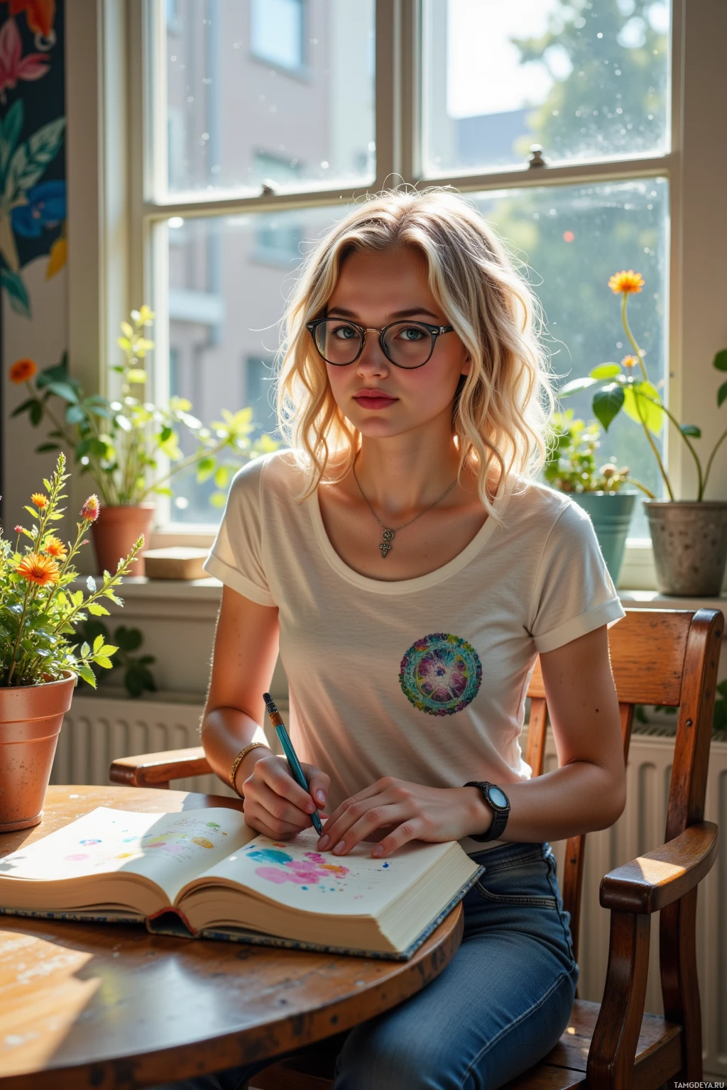 A person wearing glasses sits at a wooden table, holding a pen and looking at an open book.