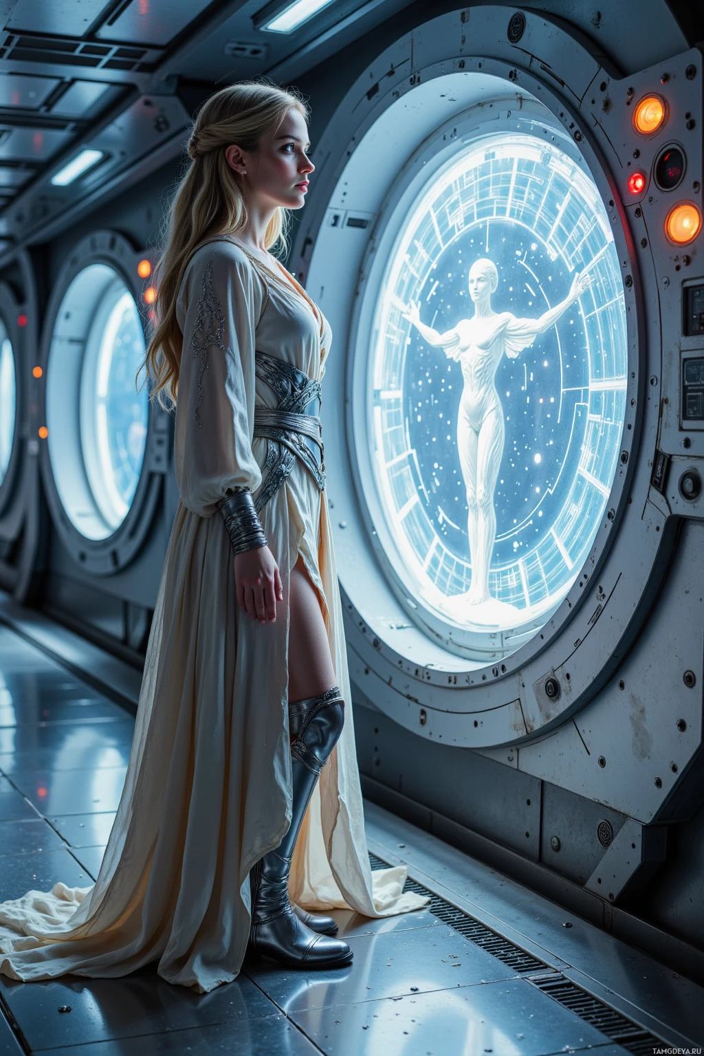 A woman in a flowing dress stands in a futuristic corridor, gazing at a glowing circular window.