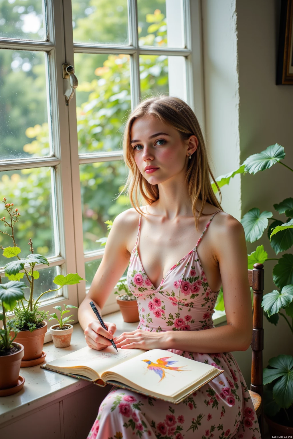 A woman in a floral dress sits by a window, holding a pen and looking at an open book with a bird illustration.