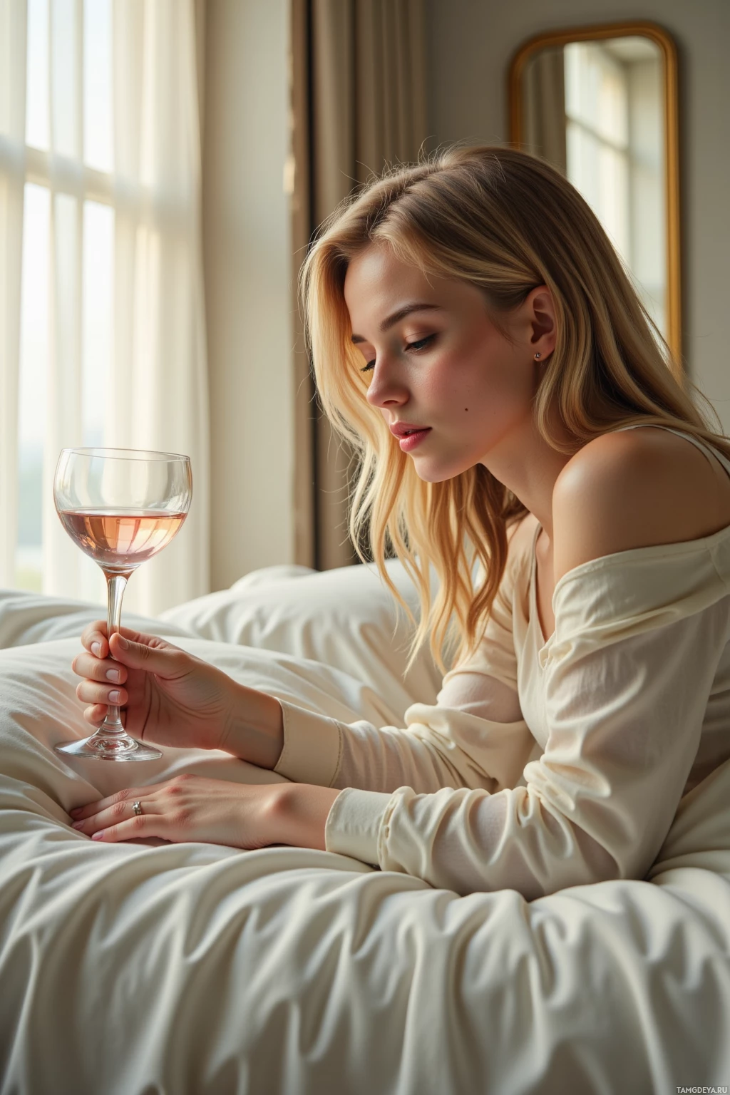 A woman in a white outfit holds a glass of wine while sitting on a bed.