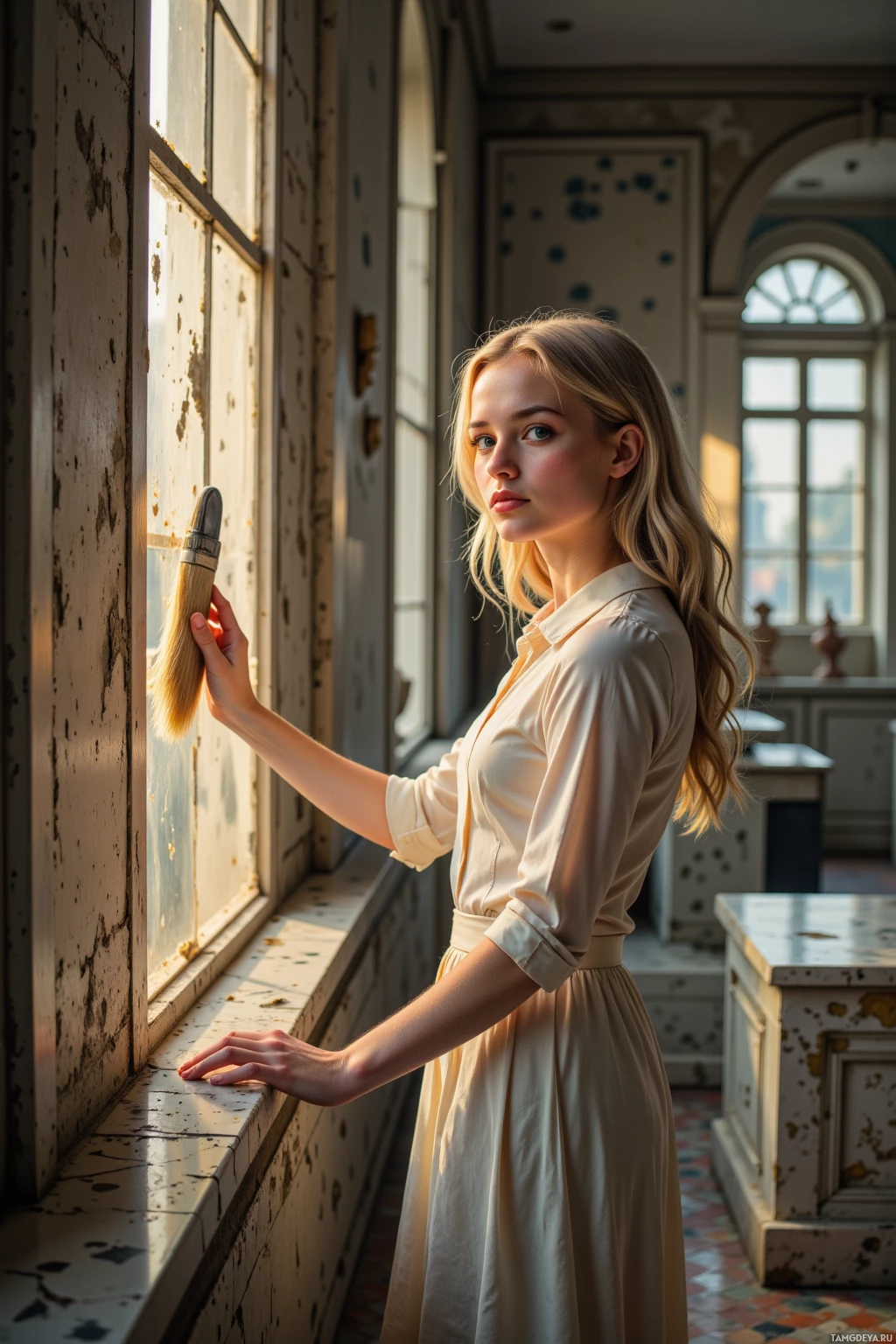 A woman in a beige dress stands by a window in a sunlit room.