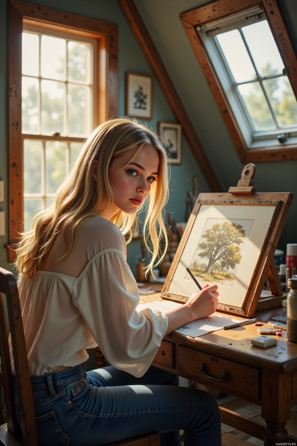 A woman is seated at a desk, painting a landscape on a canvas.