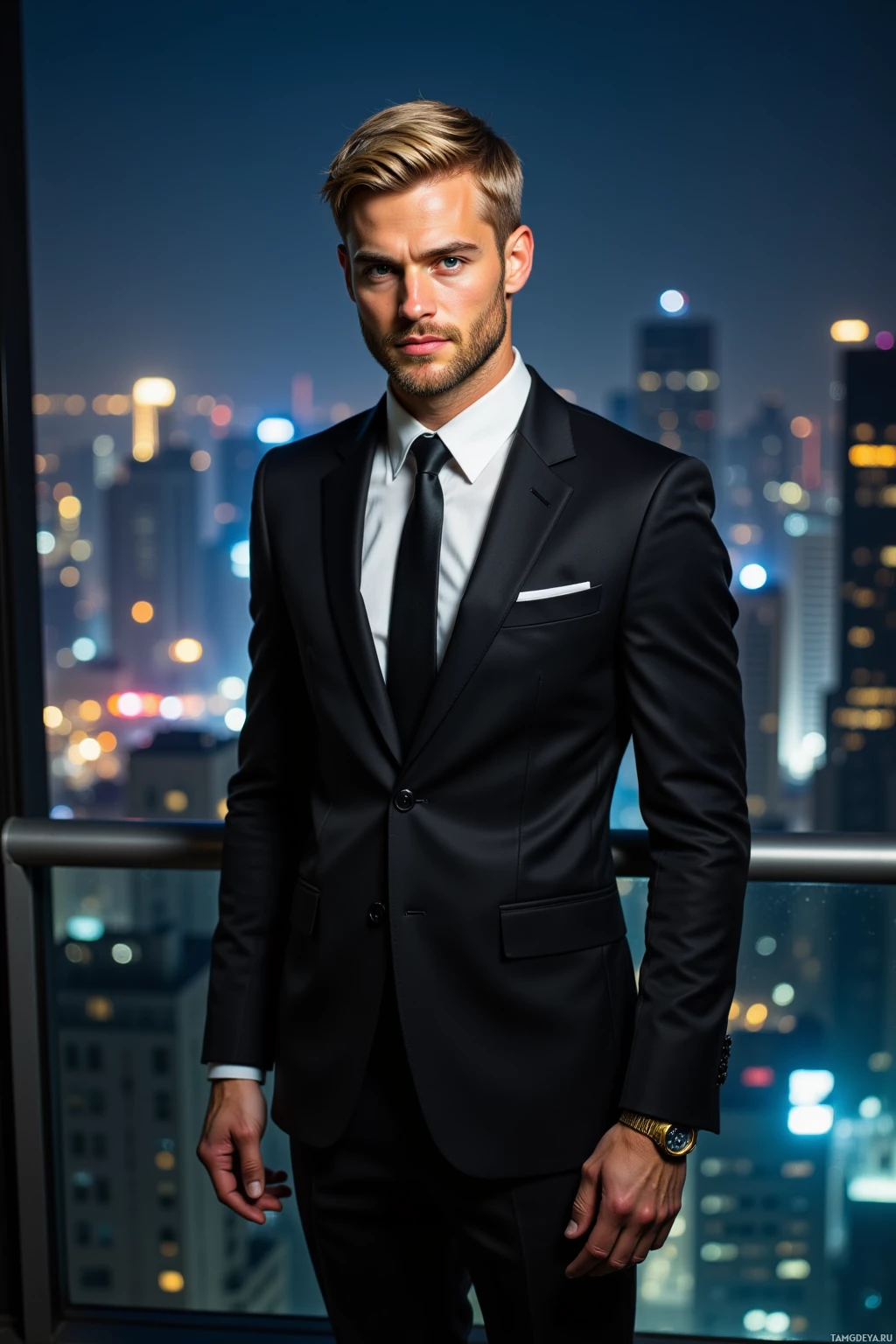 A man in a formal black suit stands in front of a cityscape at night.