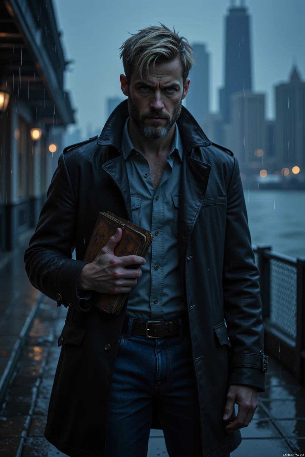 A man in a leather coat stands on a rainy urban waterfront, holding a book.