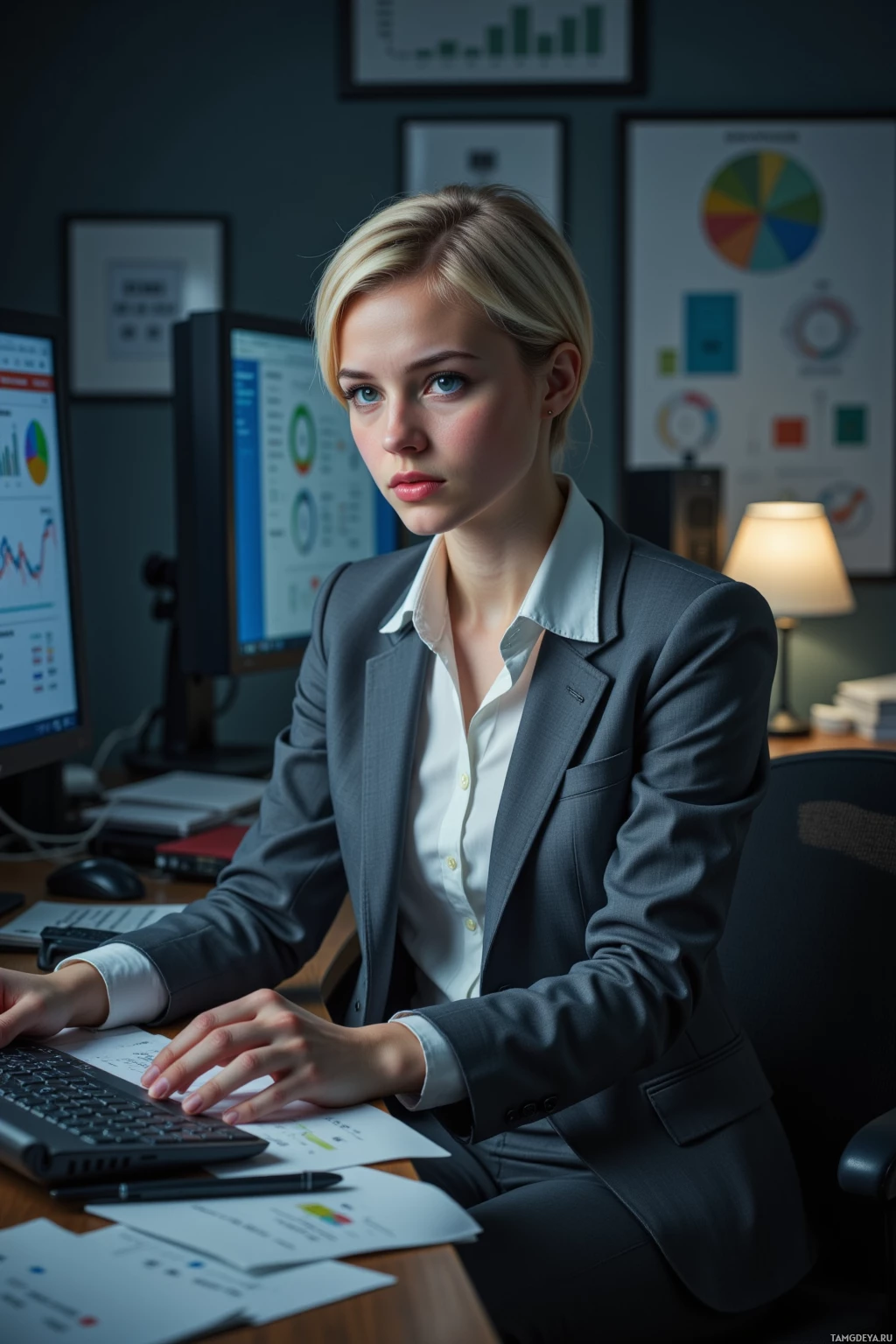 A professional woman in a suit is seated at a desk working on a computer.
