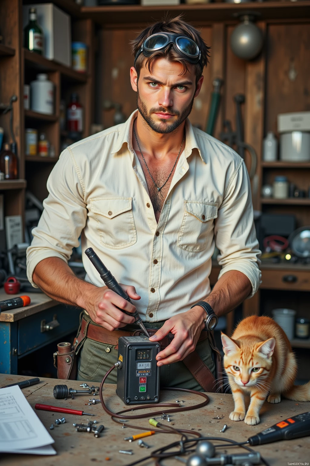 A man in a workshop setting holds a soldering iron, with a cat sitting nearby on the workbench.