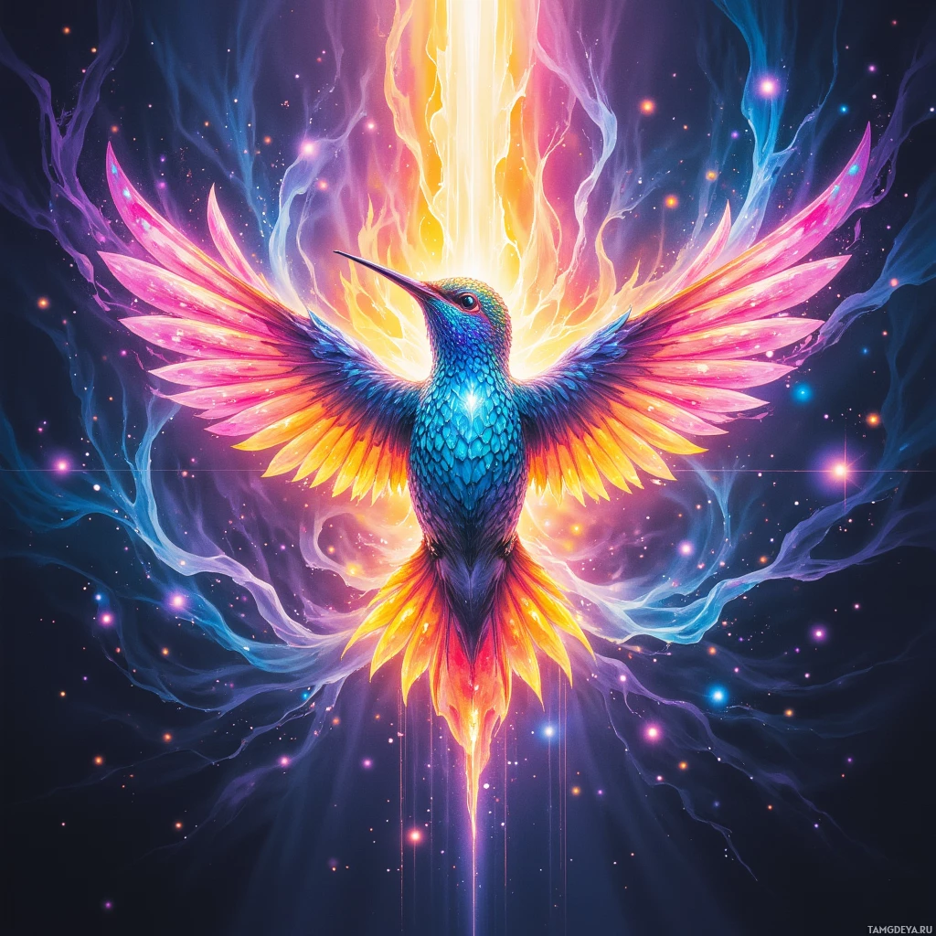 A vibrant, ethereal hummingbird with glowing wings and a radiant aura against a cosmic background.
