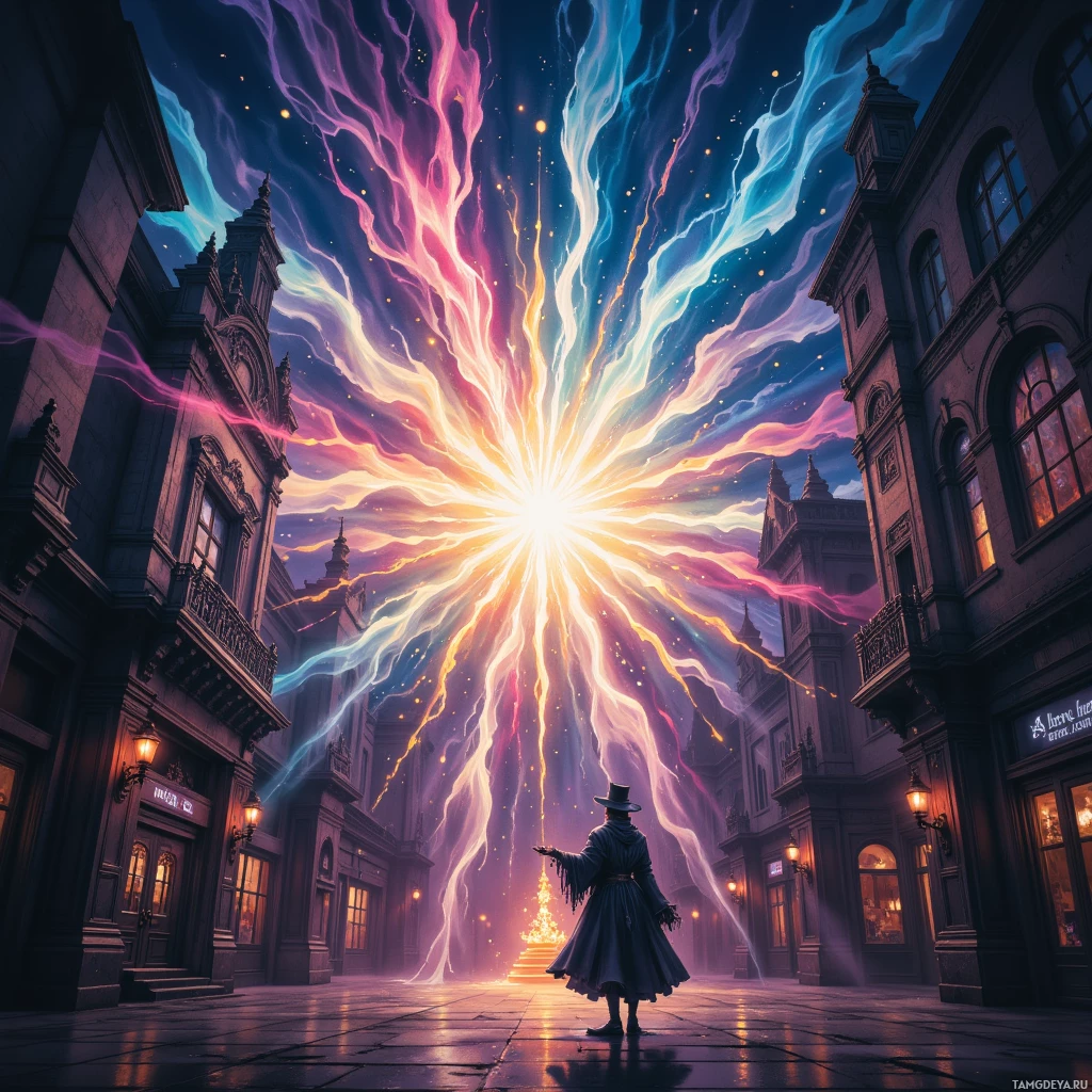 A person stands in an alleyway under a vibrant, cosmic explosion of light and energy.