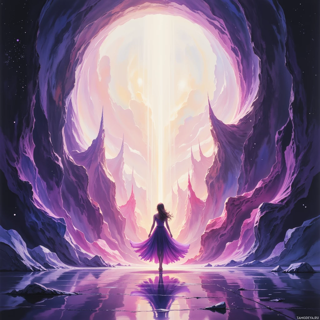 A woman stands at the entrance of a glowing, ethereal cave with a radiant light source behind her.