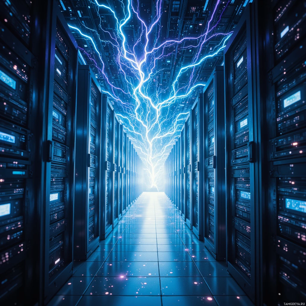 A futuristic server room with glowing lightning bolts overhead.