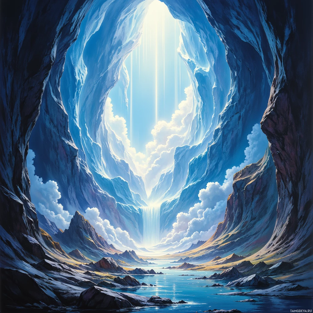 A majestic cave opening reveals a bright, sunlit sky and distant mountains.
