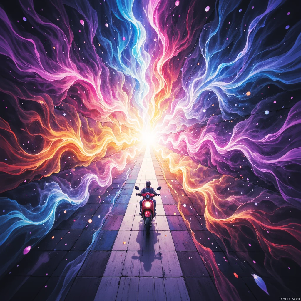 A motorcycle rides down a glowing path surrounded by vibrant, swirling energy.