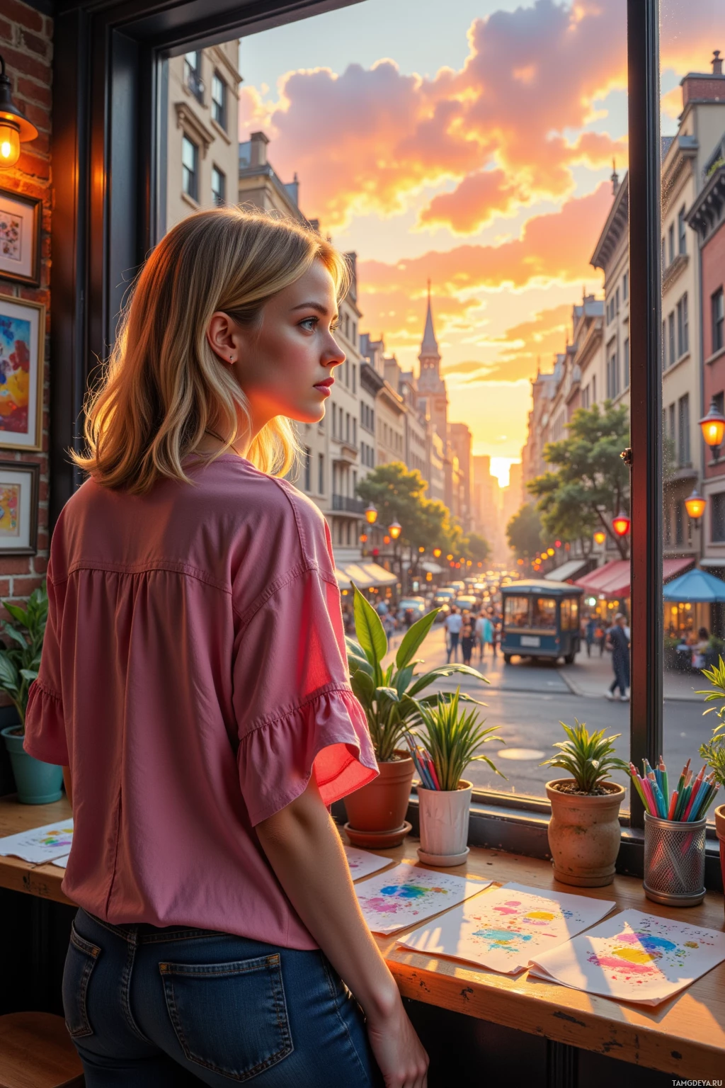 A woman stands by a window, gazing at a bustling city street at sunset.