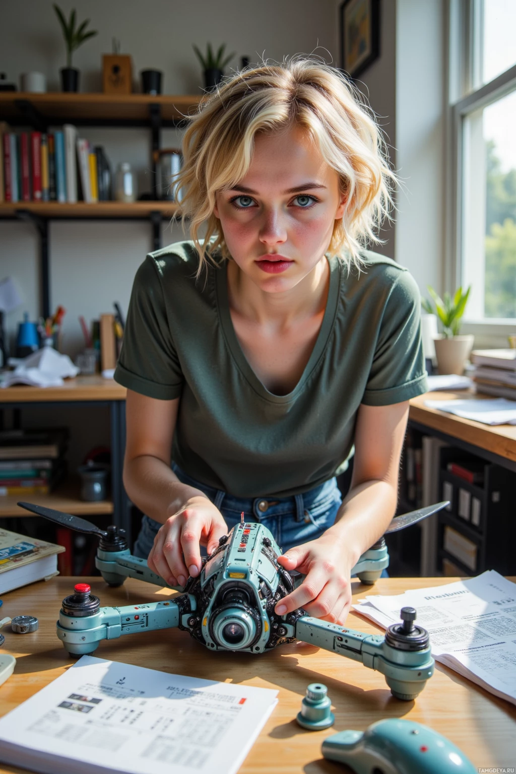 A person is working on a drone in a well-lit room with books and plants in the background.