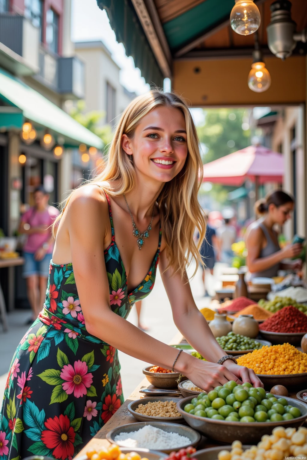 A woman in a floral dress stands at a market stall, surrounded by colorful bowls of produce and spices.