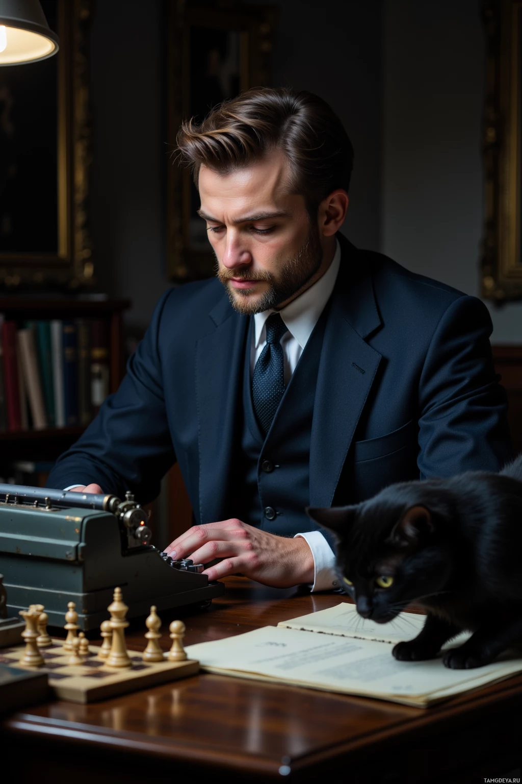 A man in a suit types on a typewriter as a black cat observes nearby.