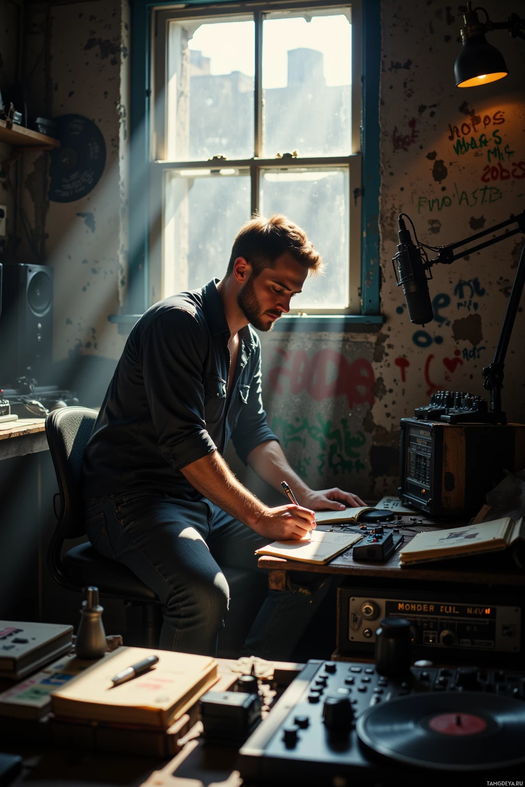 A man sits at a desk in a dimly lit room, writing in a notebook with a pen.