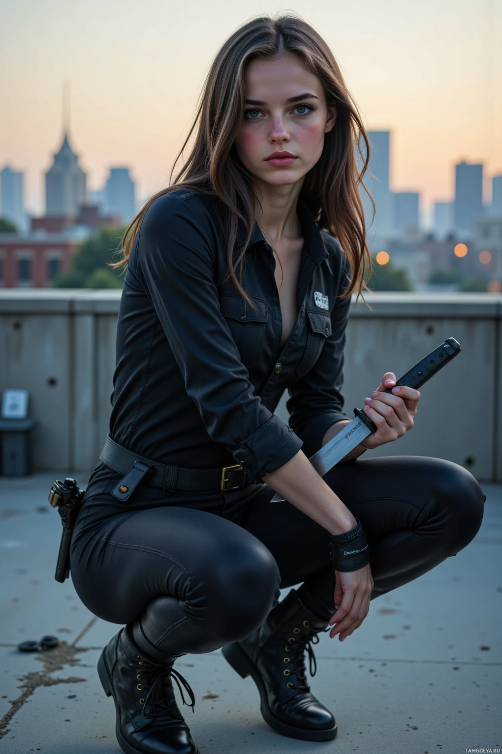 A person in a black outfit crouches on a rooftop, holding a knife, with a cityscape in the background.