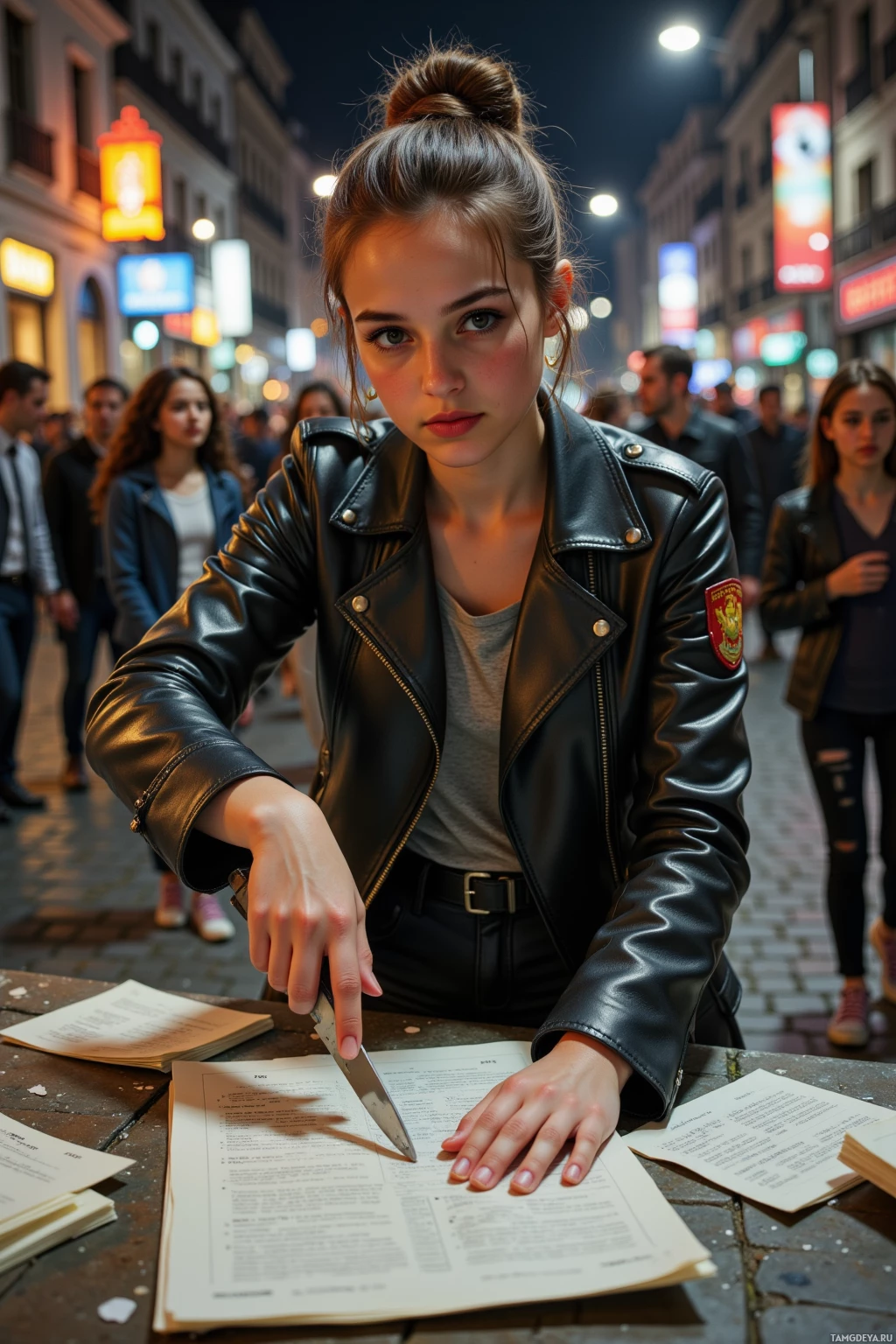 A young woman in a leather jacket cuts through a stack of papers on a street at night.