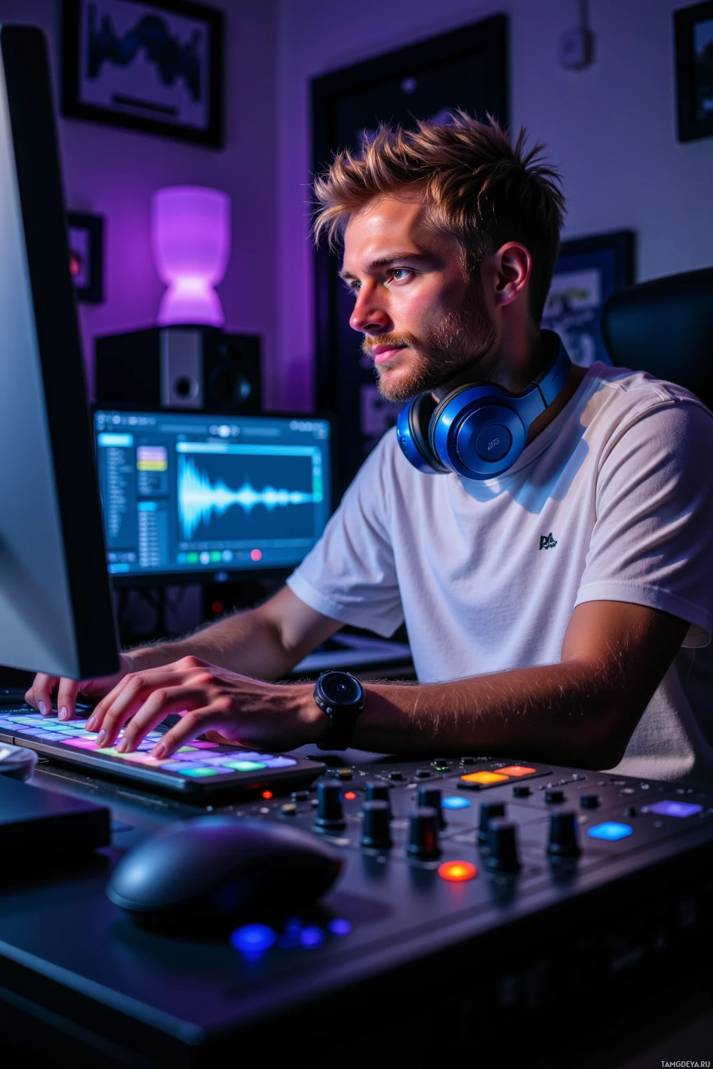 A person is working at a computer in a dimly lit room with audio equipment.