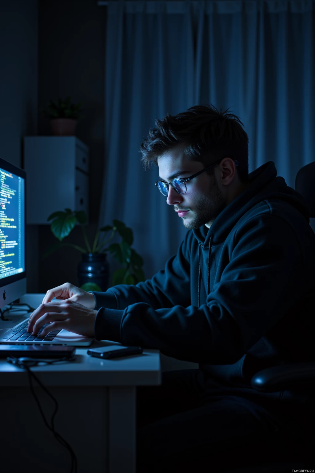 A person wearing glasses works on a laptop in a dimly lit room.