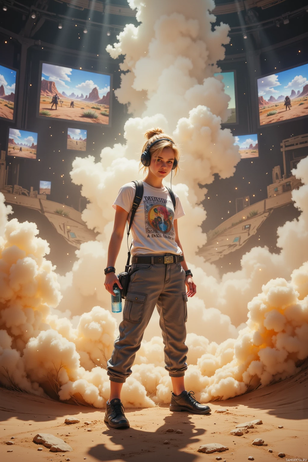 A person stands in a desert-like environment with large clouds and screens in the background.