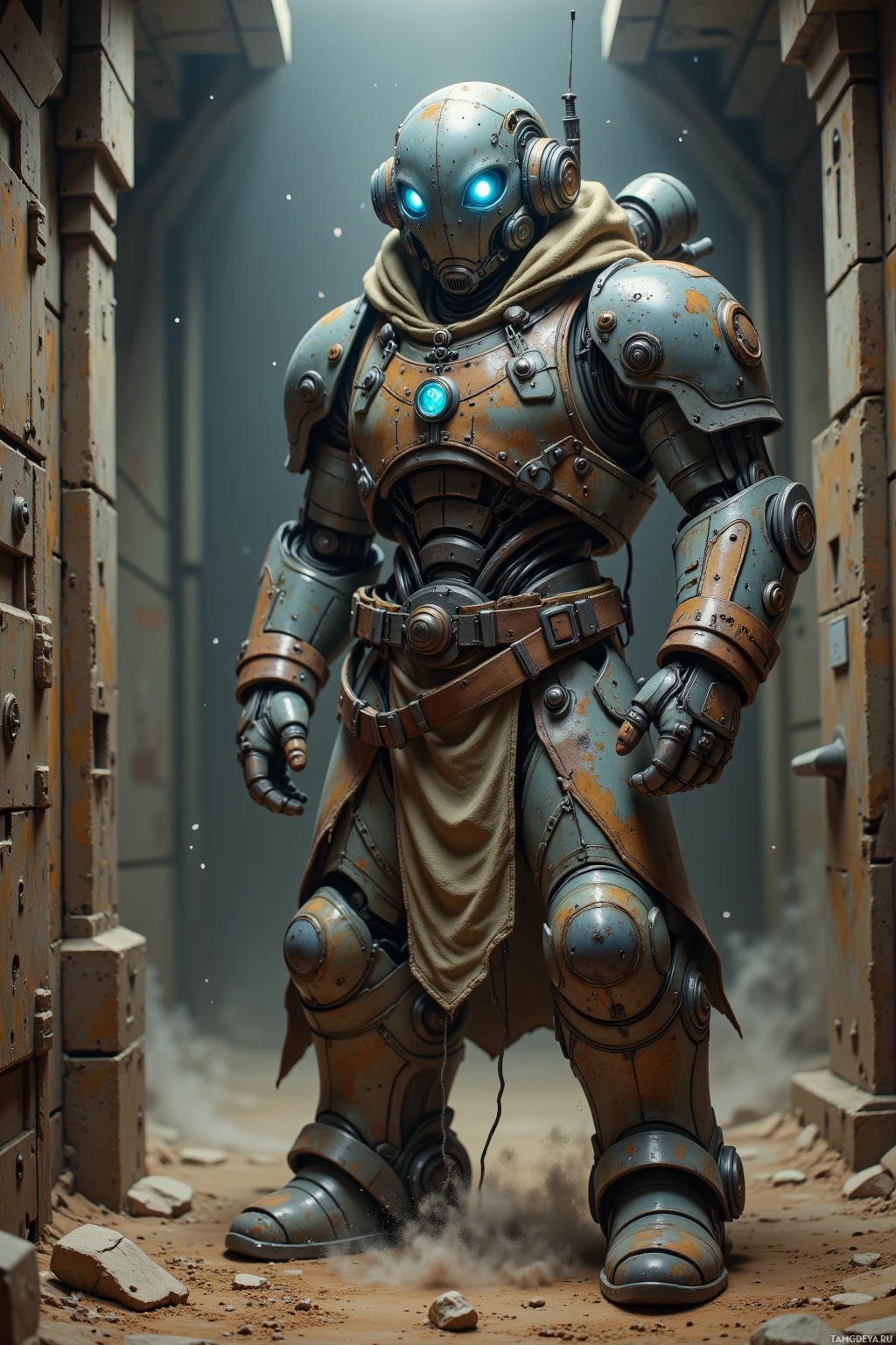 A rugged, armored figure stands in a dimly lit, industrial setting.