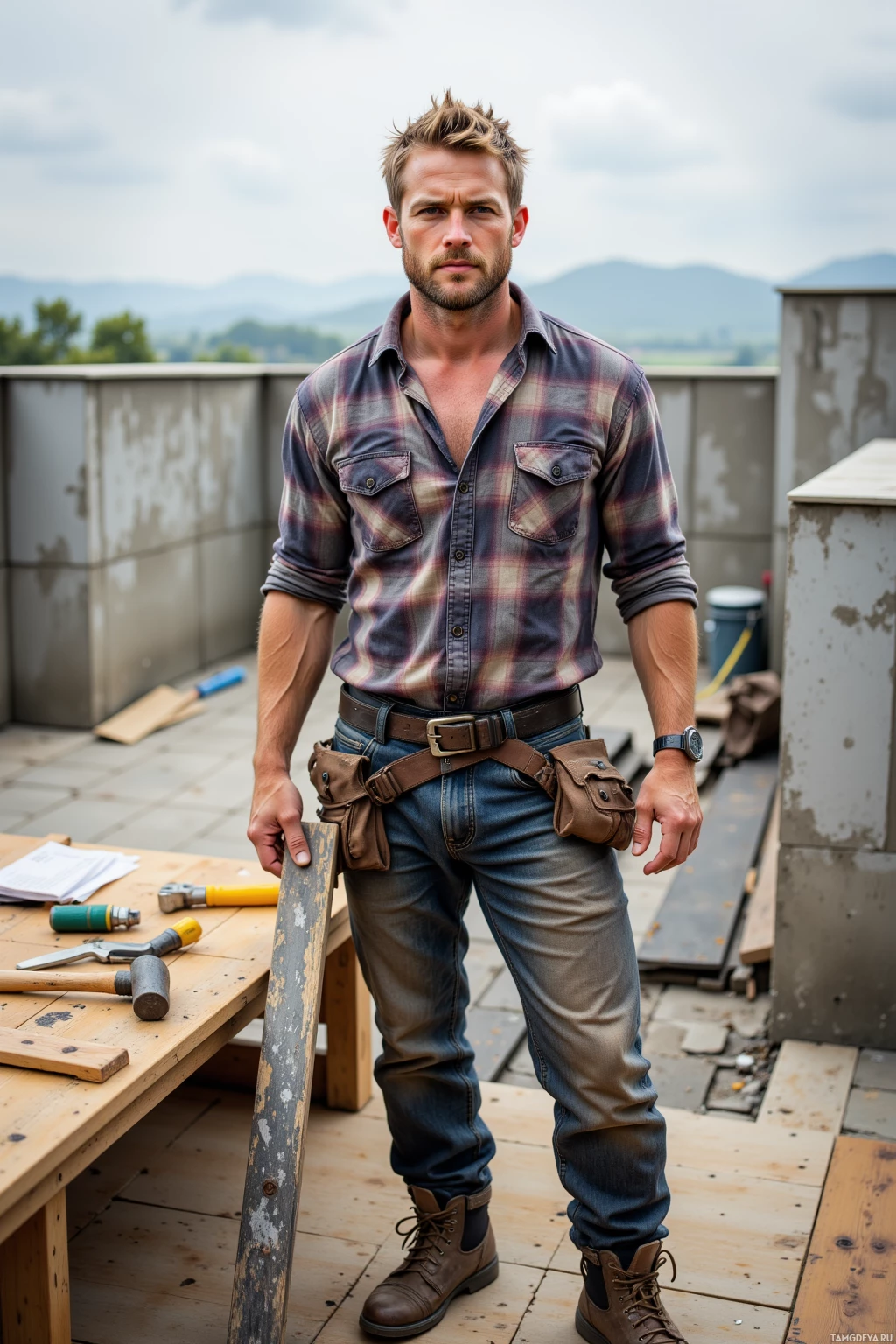 A man in a plaid shirt and jeans stands on a rooftop with tools and a workbench nearby.