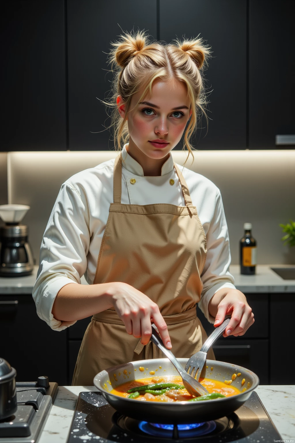 A person in a chef's uniform is cooking in a kitchen.