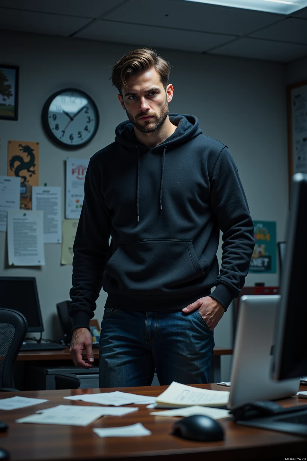 A man in a hoodie stands in an office with a clock and papers on the wall.