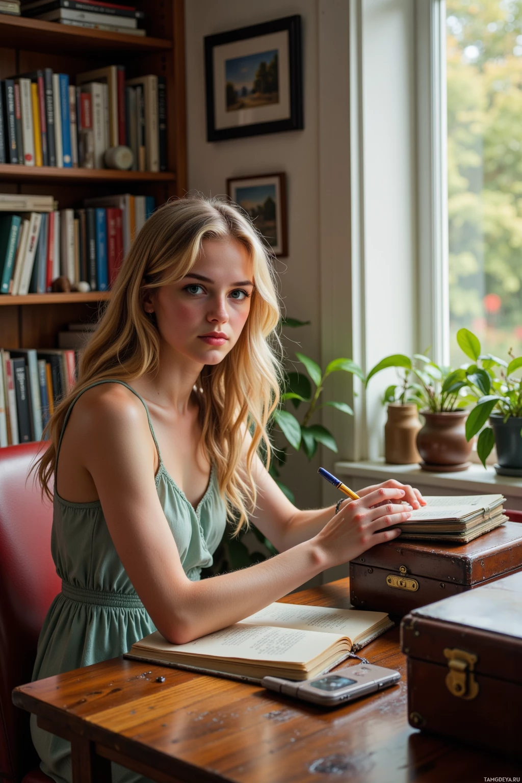 A young woman sits at a desk, writing in a notebook with a pen.