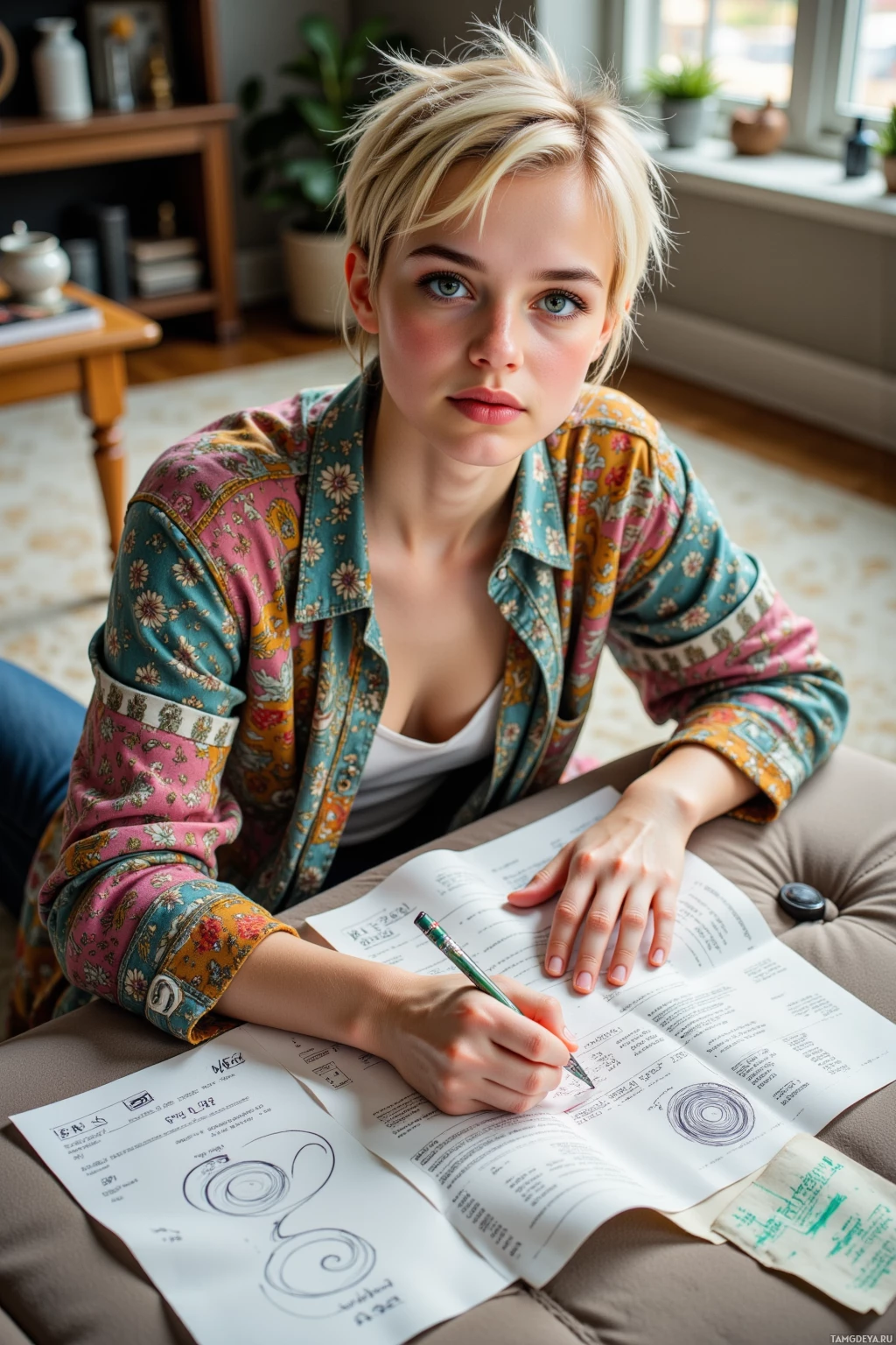 A person wearing a colorful patterned shirt is sitting and writing on a document.