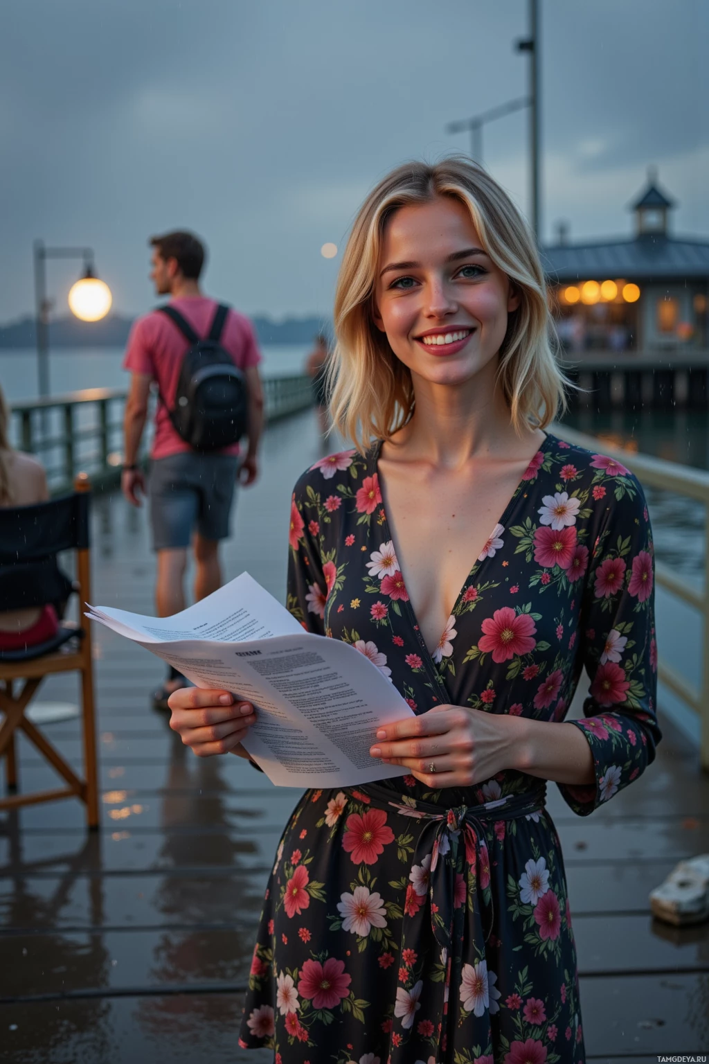 A woman in a floral dress holds a document while standing on a pier at dusk.