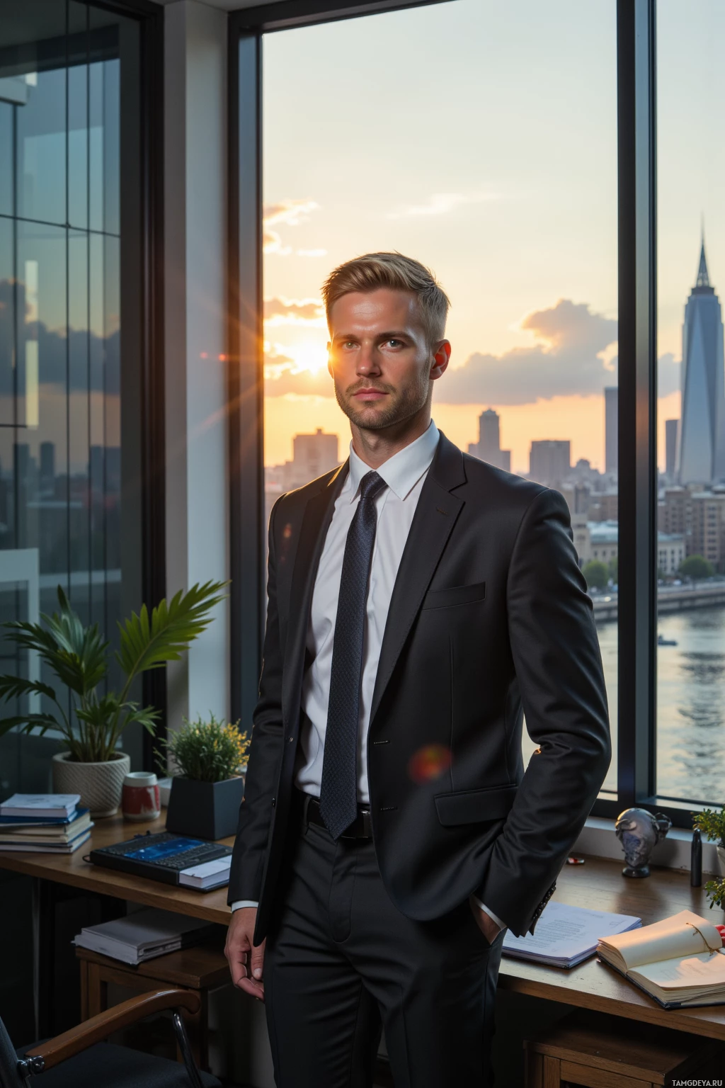 A man in a suit stands in an office with a cityscape and sunset view.
