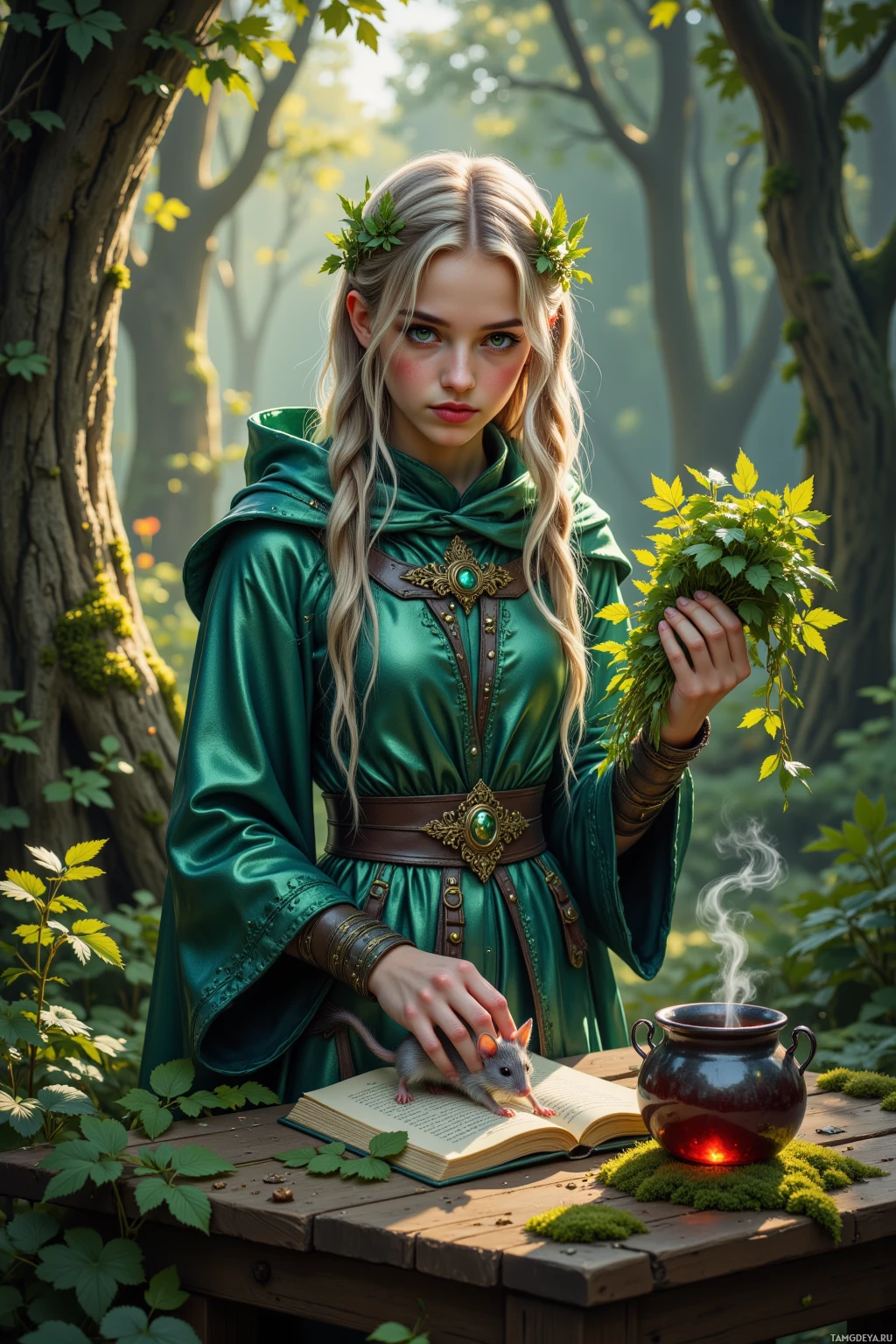 A woman in a green robe holds a bundle of leaves, with a mouse on an open book and a steaming cauldron beside her in a forest setting.