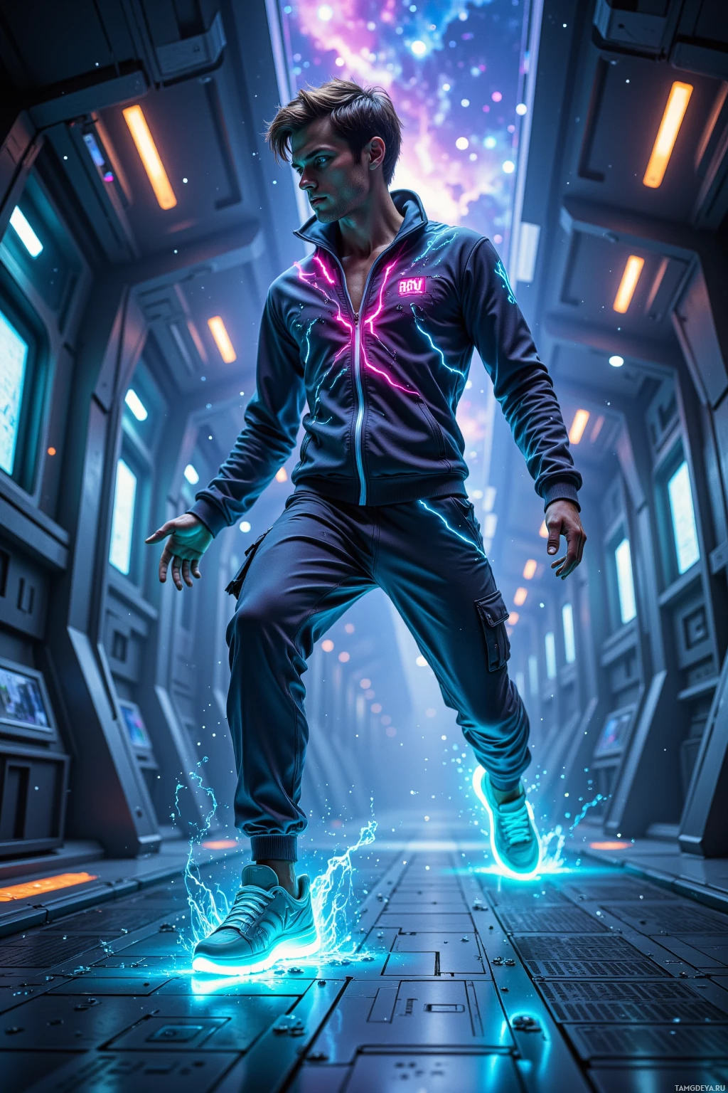 A futuristic figure in a glowing suit stands in a sci-fi corridor with neon lights.