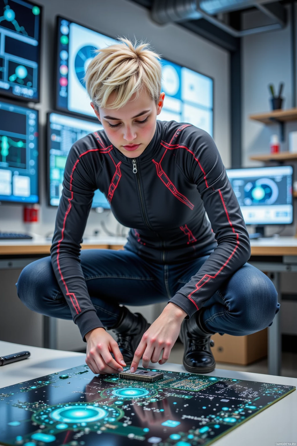 A person in a tech lab is working on a futuristic circuit board.