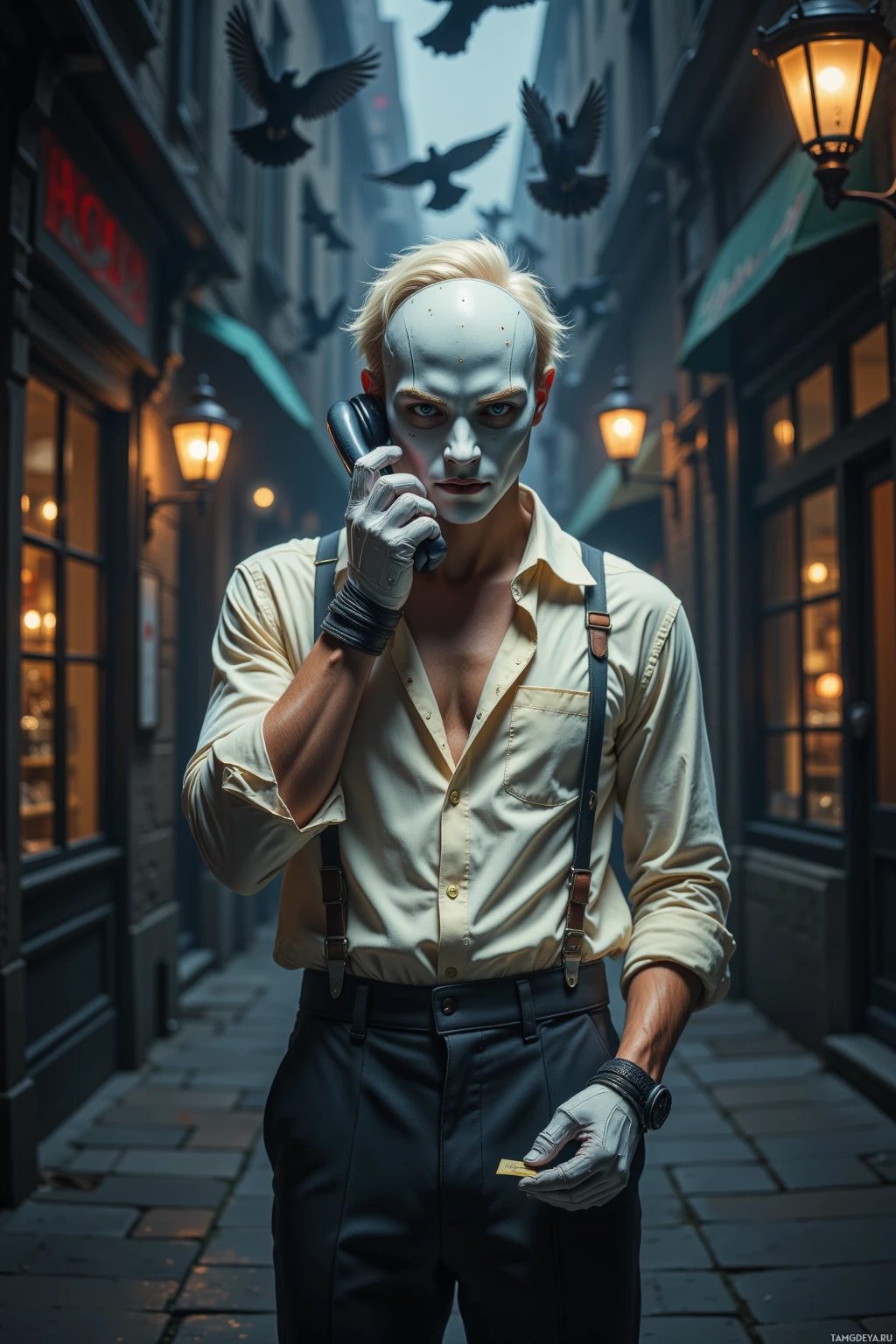 A person in a vintage-style outfit is holding a phone to their ear in a dimly lit alleyway with birds flying overhead.