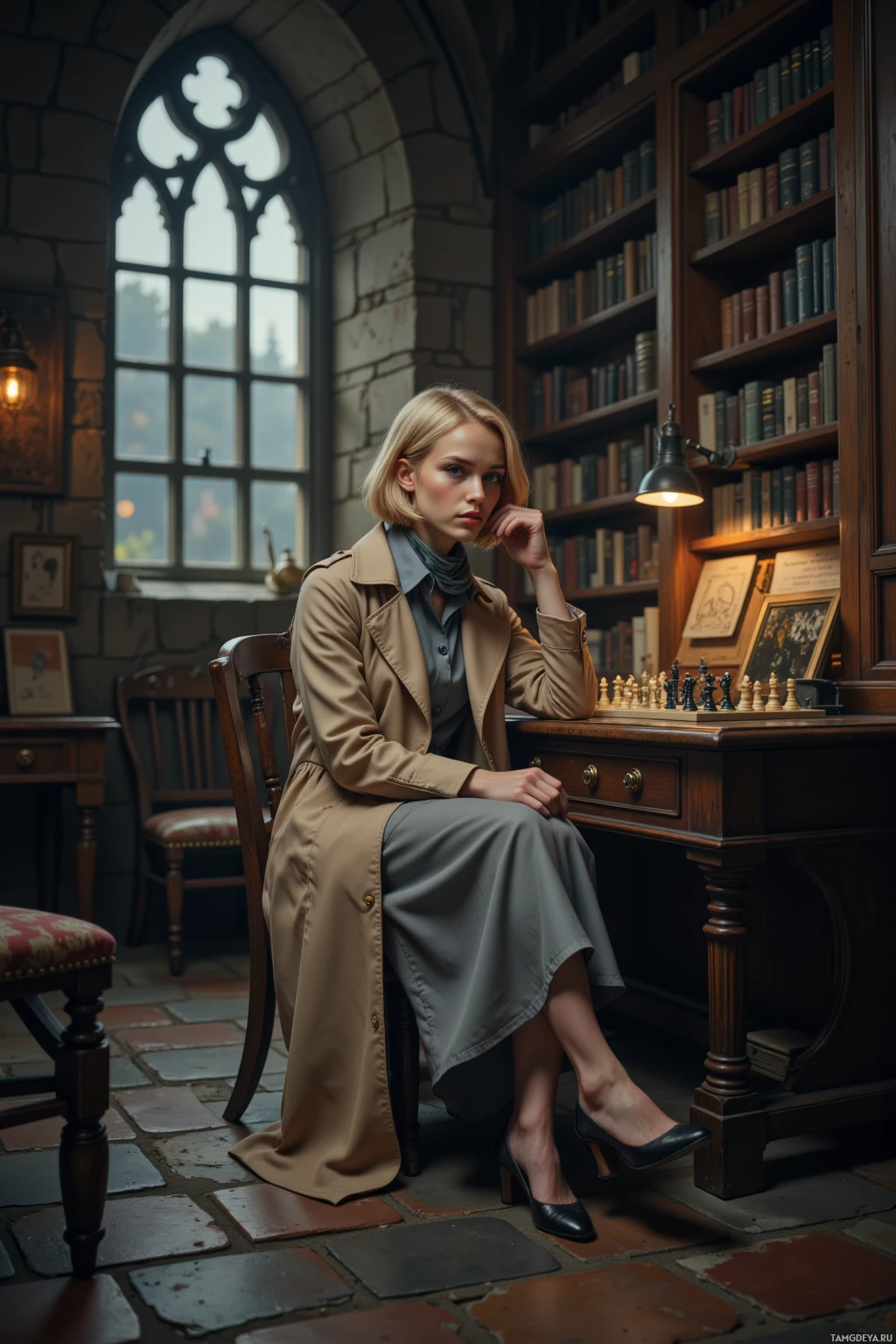A woman in a trench coat sits at a desk in a library, surrounded by bookshelves and a chessboard.