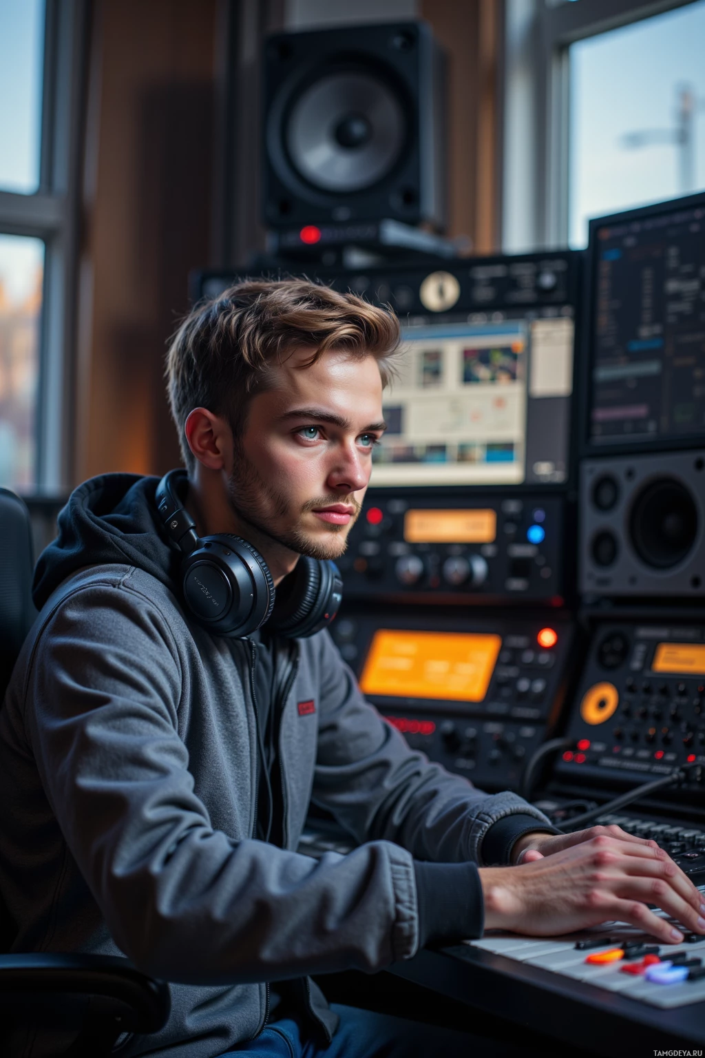 A person wearing headphones is seated at a music production workstation with audio equipment and a computer screen.
