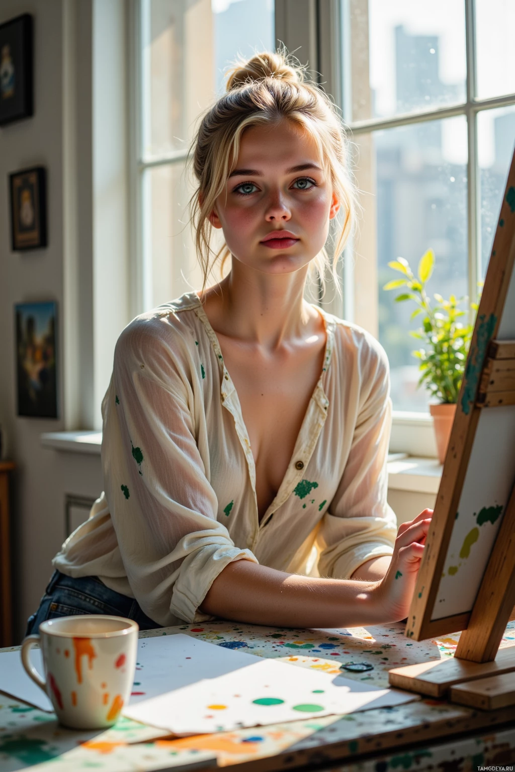 A person sits at a desk with a cup and a painting, in a room with a window and artwork on the wall.