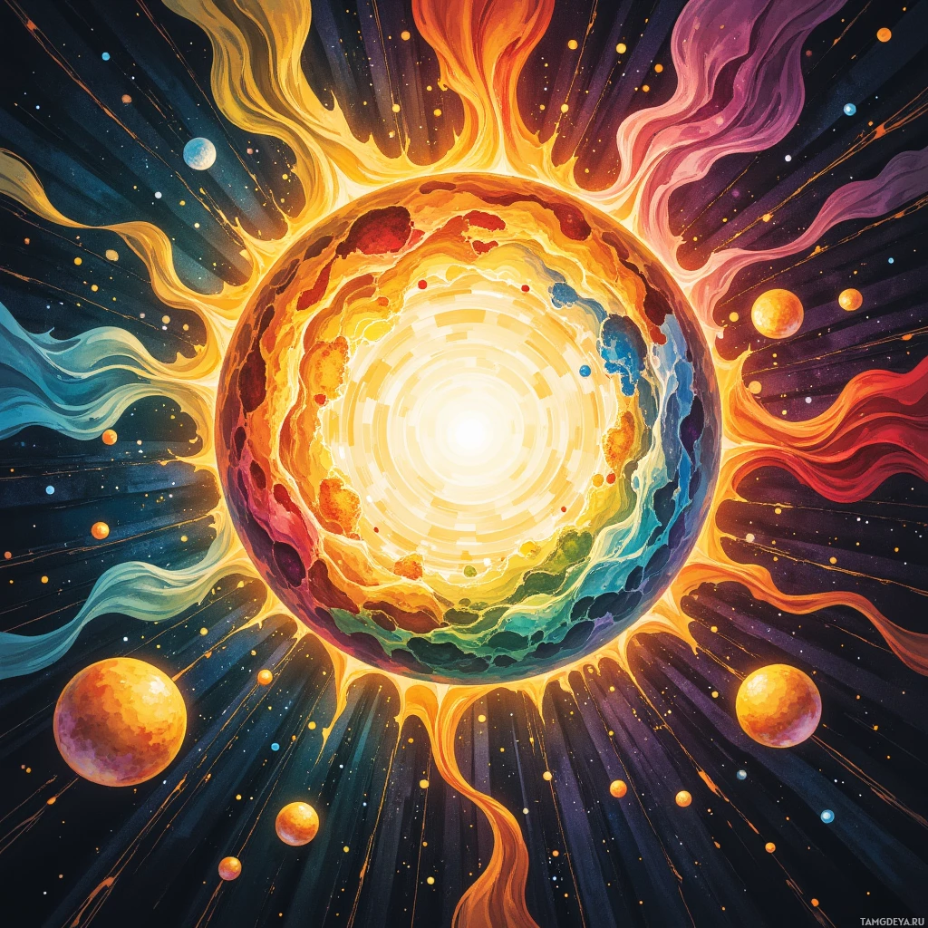 A vibrant cosmic scene featuring a radiant sun with swirling flames and planets in space.