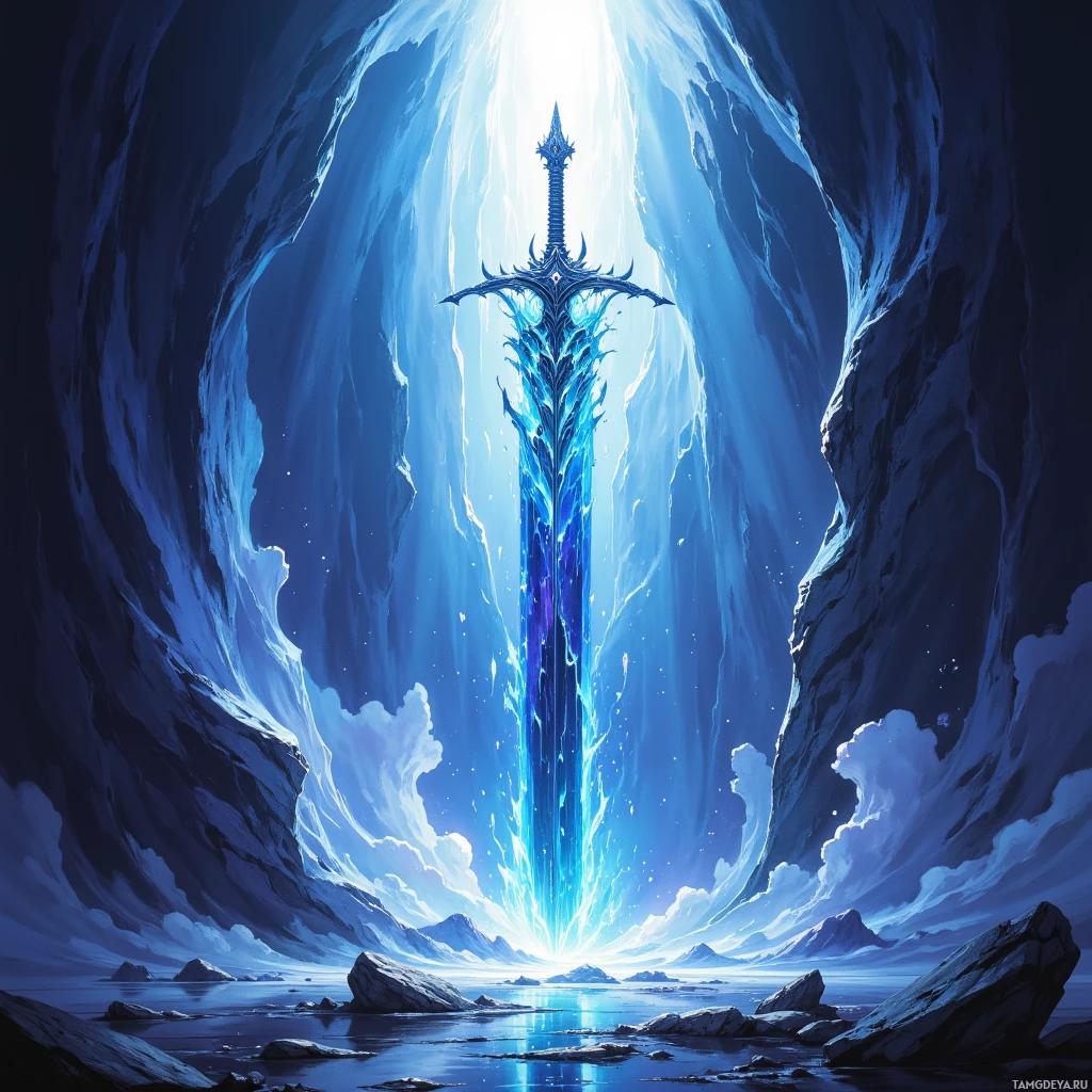 A glowing blue sword stands in a cavernous, icy landscape with light streaming through.