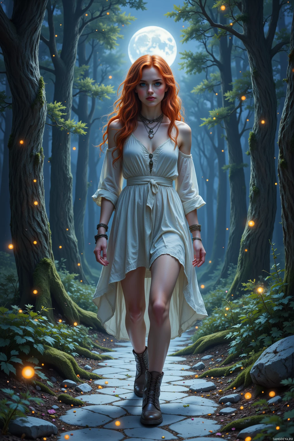 A woman with long red hair walks along a stone path in a mystical forest under a full moon.