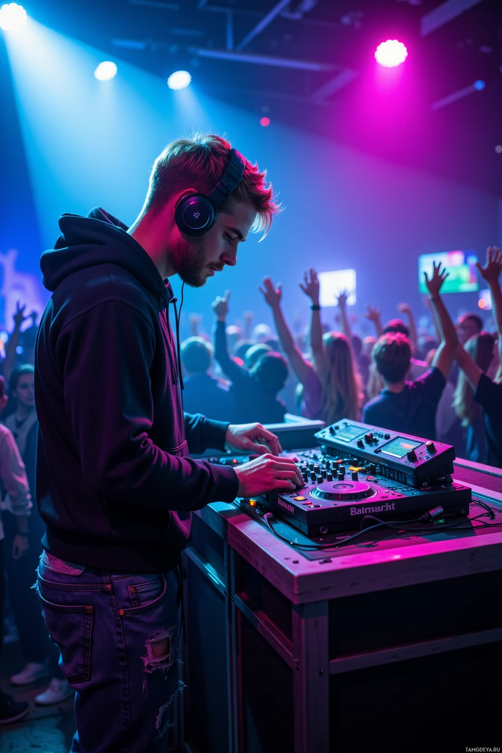 A DJ performs at a nightclub with a crowd of people raising their hands.