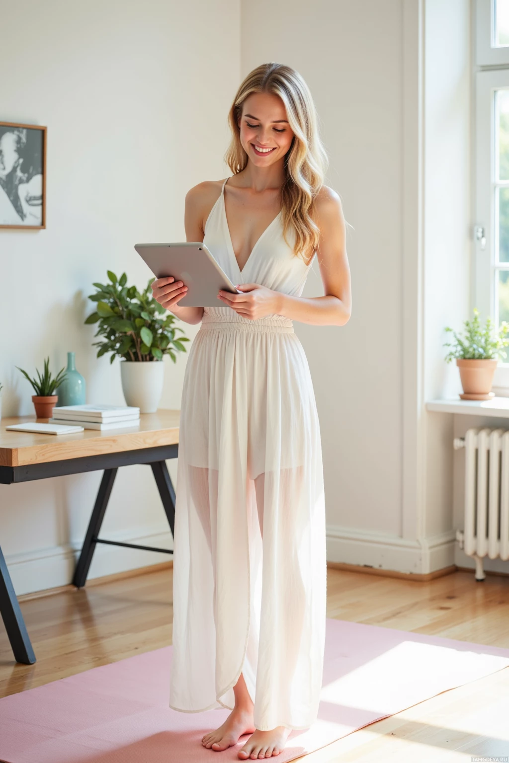 A woman in a white dress stands on a yoga mat, holding a tablet and smiling.