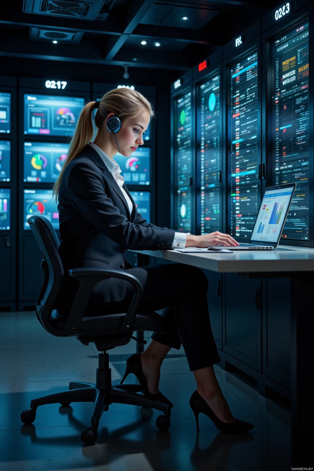 A woman in a professional setting works at a desk with multiple monitors displaying data and graphs.