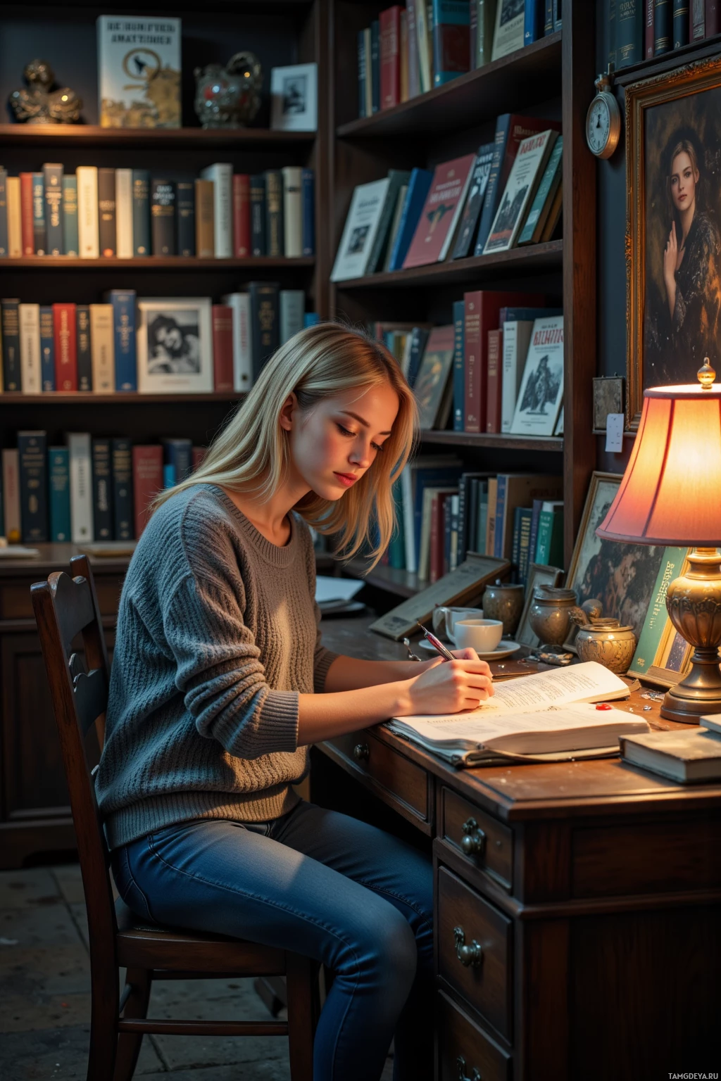A woman sits at a desk in a library, writing in a notebook.